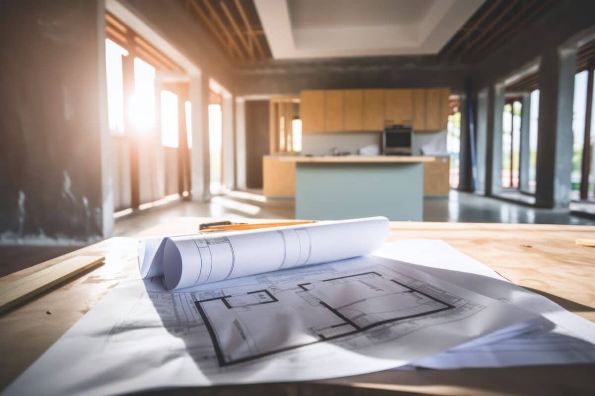 Blueprints lying on a table in a kitchen being remodeled.