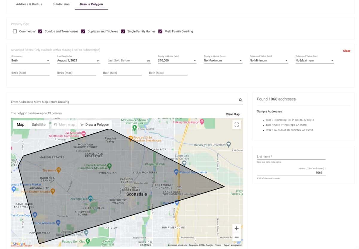 A map with a radius chosen for a specific mailing list.