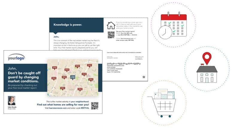 A sample postcard and the mailing process showing a calendar, home, and mail cart icons.