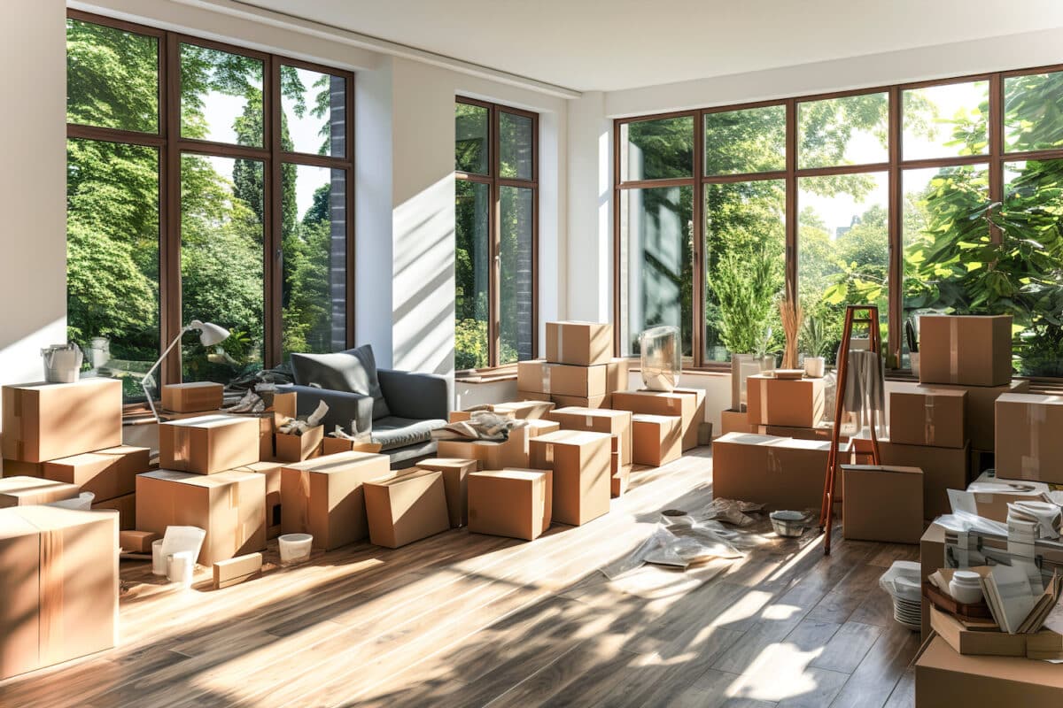 A living room filled with lots of boxes packaging for moving.