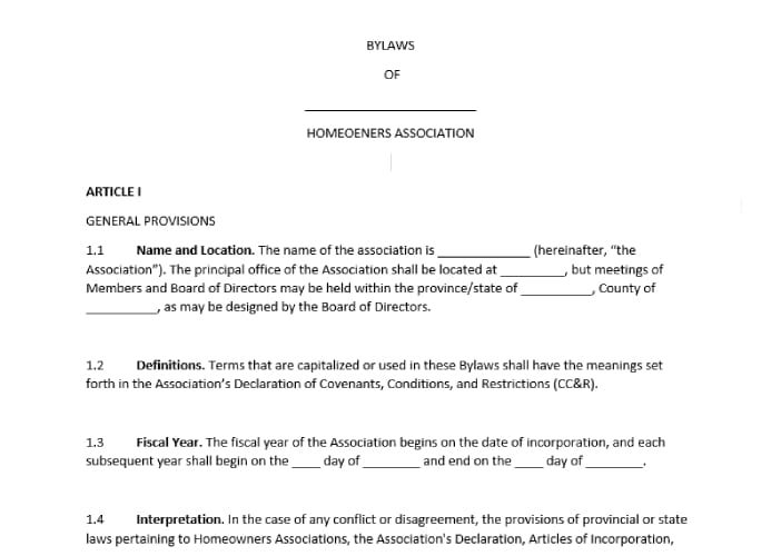 A preview of the front page of a condo association's Bylaws template.