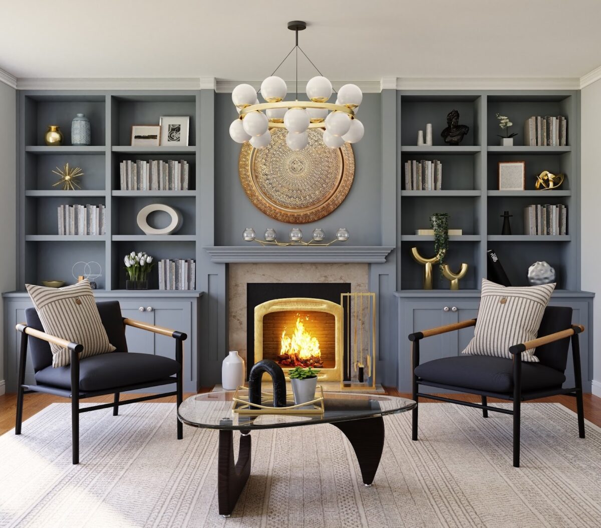 a living room set up reflects current interior design trends by telling a story through design choices like a unique light fixture.