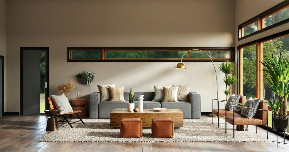 Nicely staged living room with tons of windows and greenery