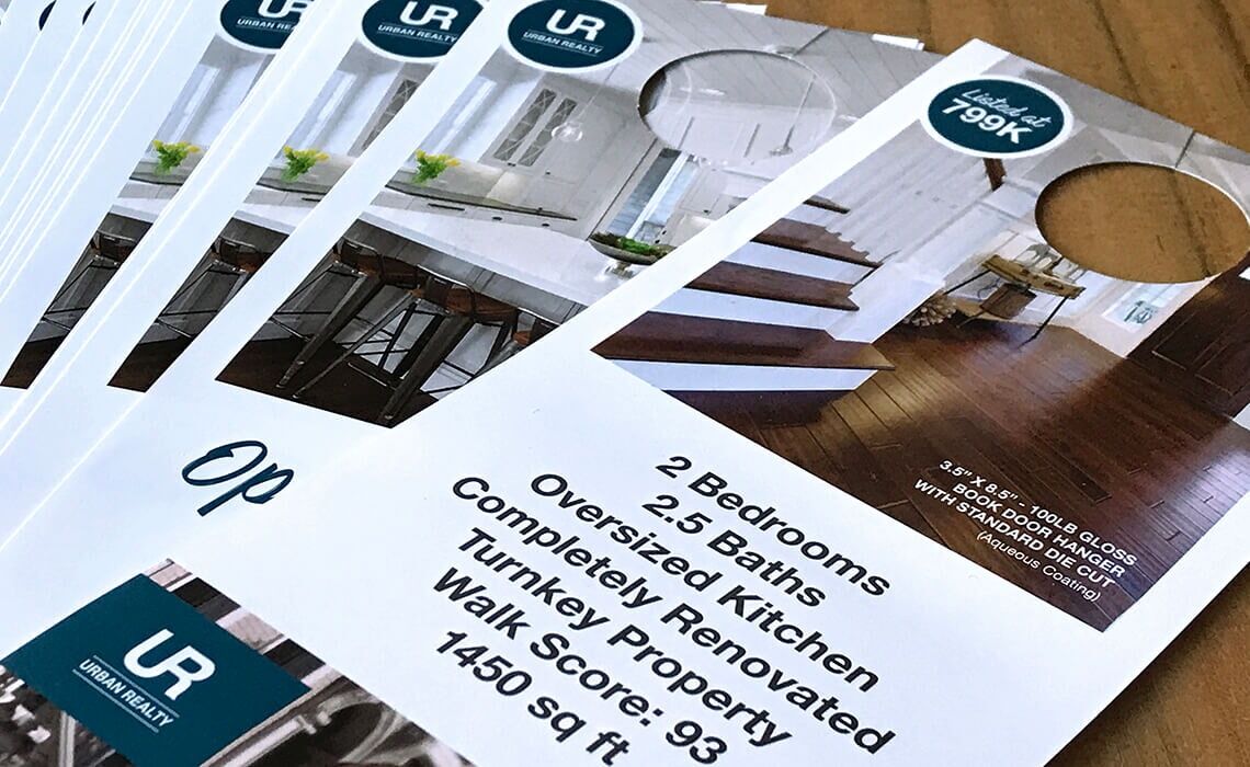 Sample door hangers showing a home interior and listing the home specs.