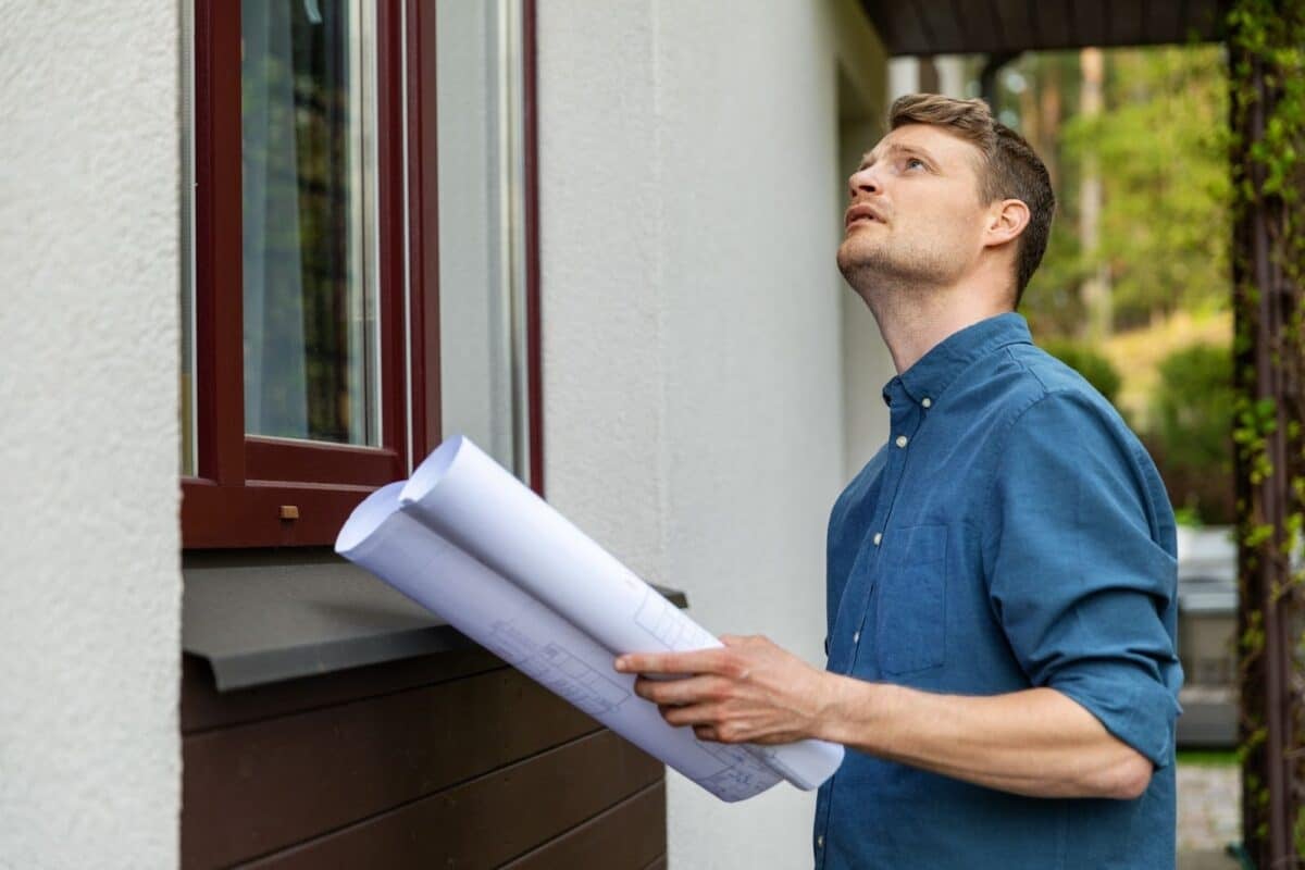 a man in a blue colllar looking up while holding a paper.