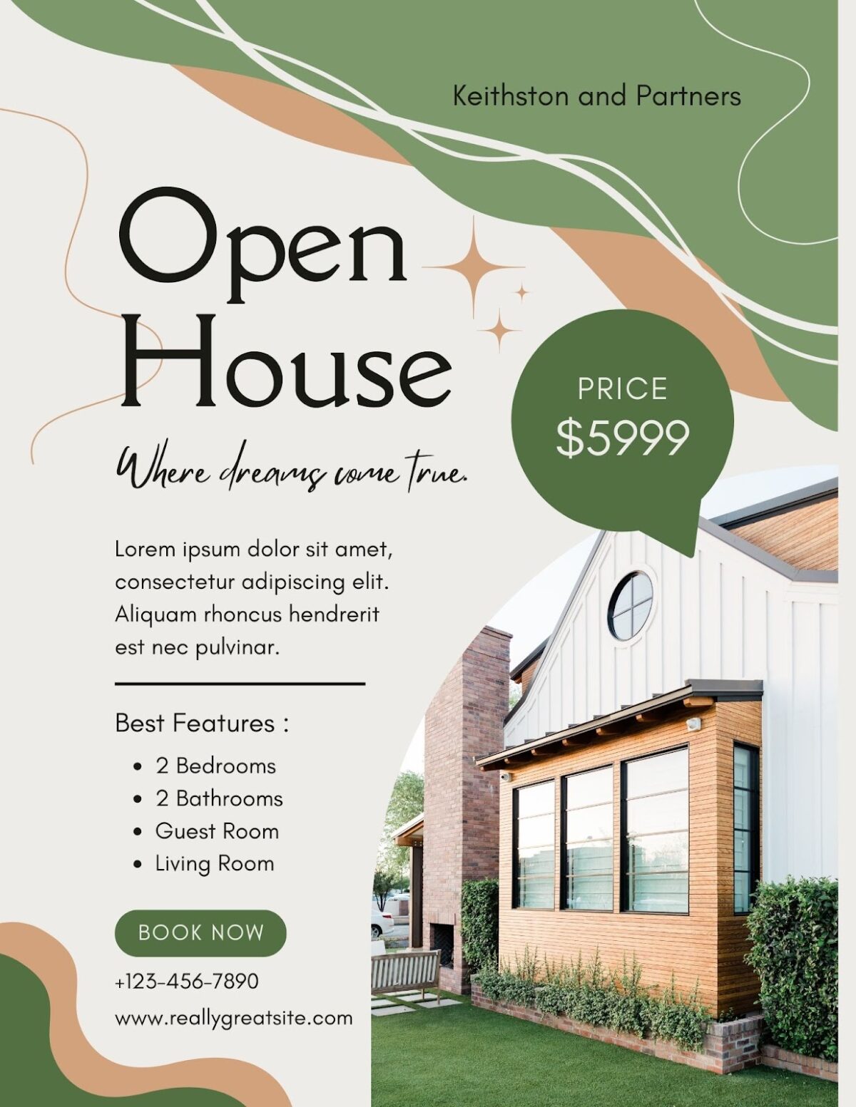 Open house flyer with modern curves and stars