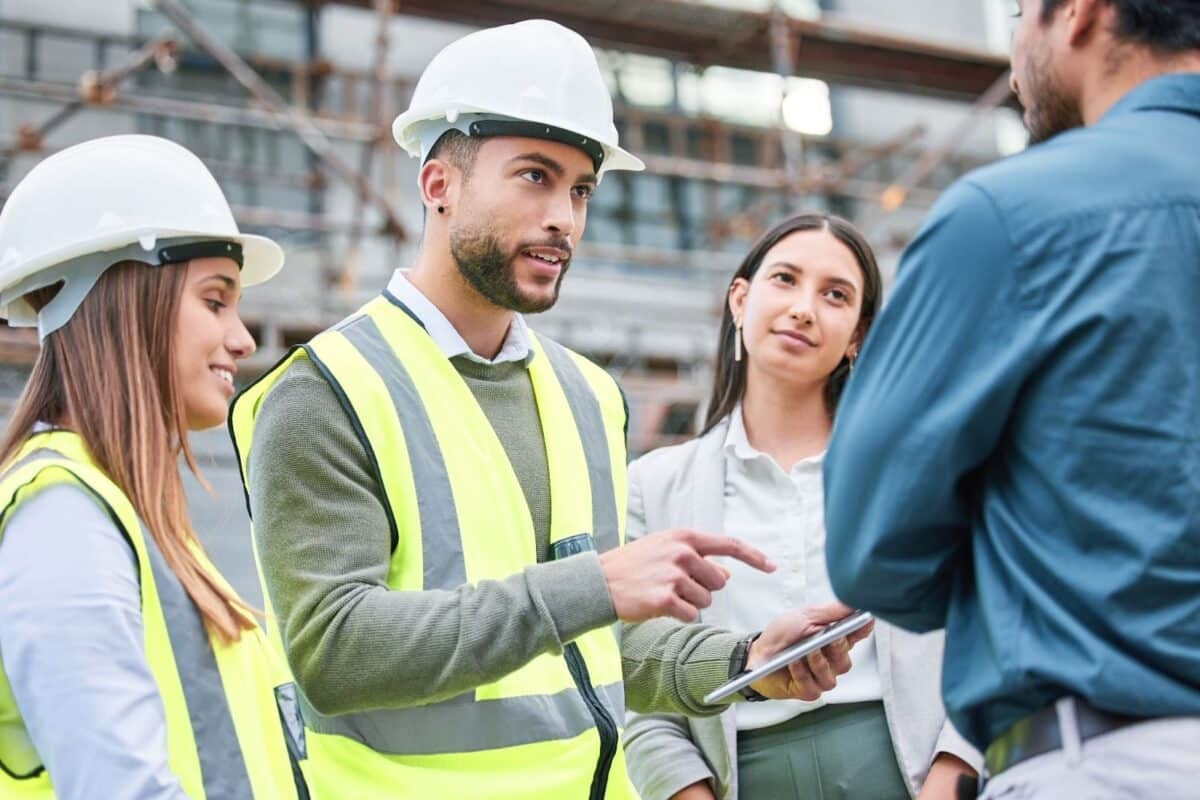 Teamwork, architecture and tablet with people on construction site for planning, building and project management.