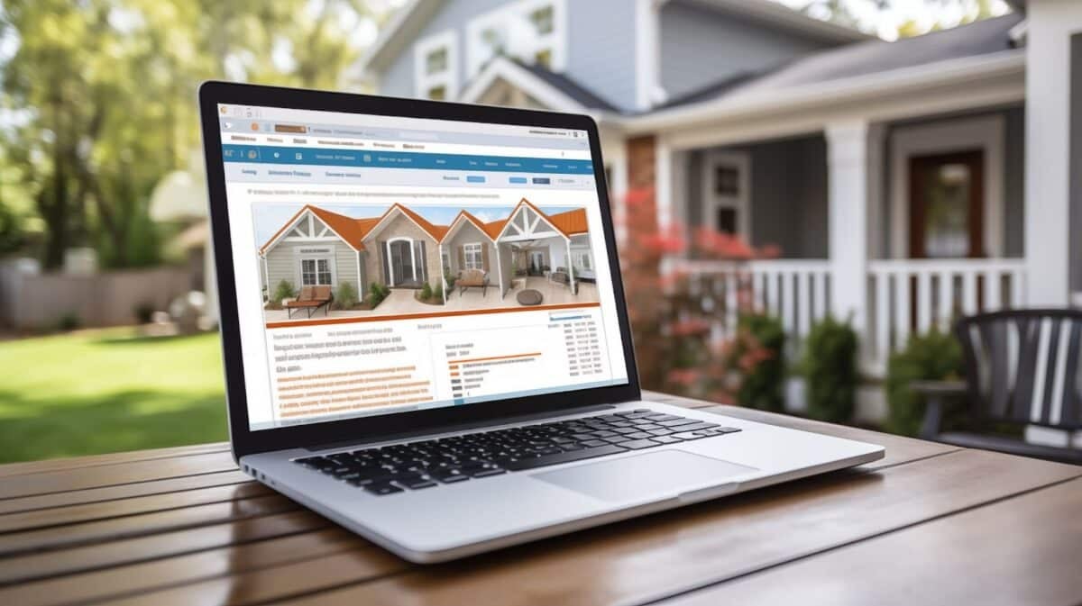 Open laptop with houses on the screen stands on a table on the background of a large private house.