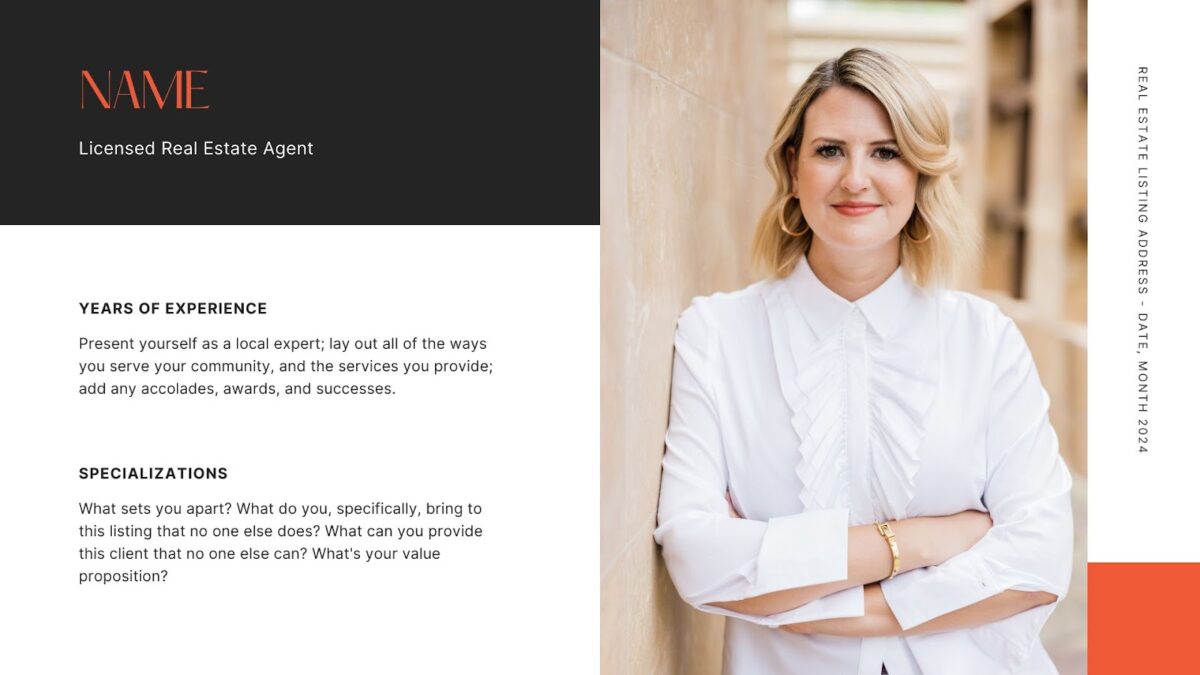 A woman leaning against a wall next to a sample of a real estate agent's experience and information.