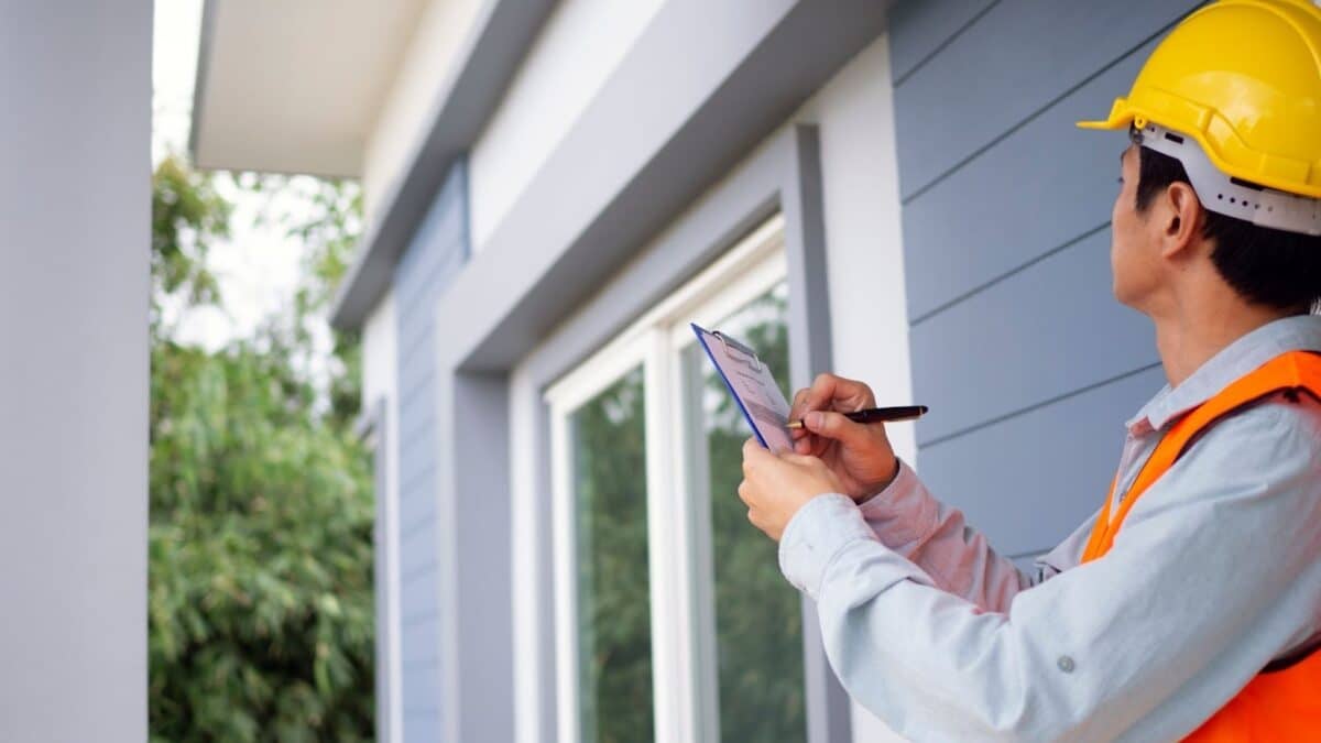 A home inspector checking the building's structure after a renovation