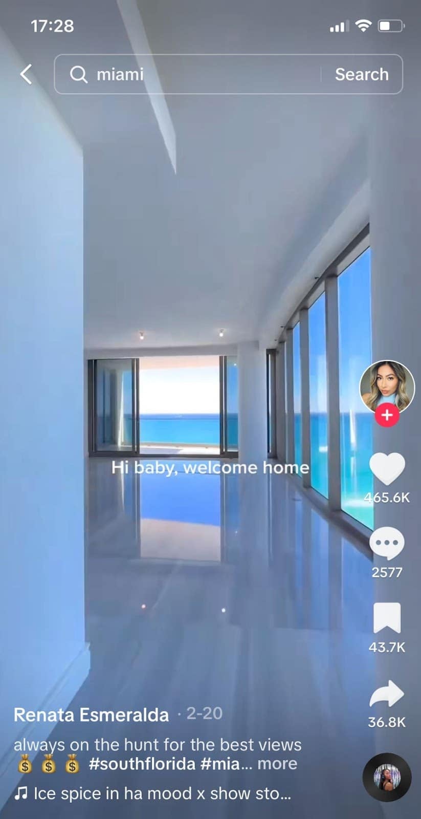 Screenshot of a TikTok video walkthrough of a waterfront property set to music.