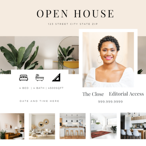 Screenshot of an open house post template from Agent Crate with a headshot and five photos of the listing.