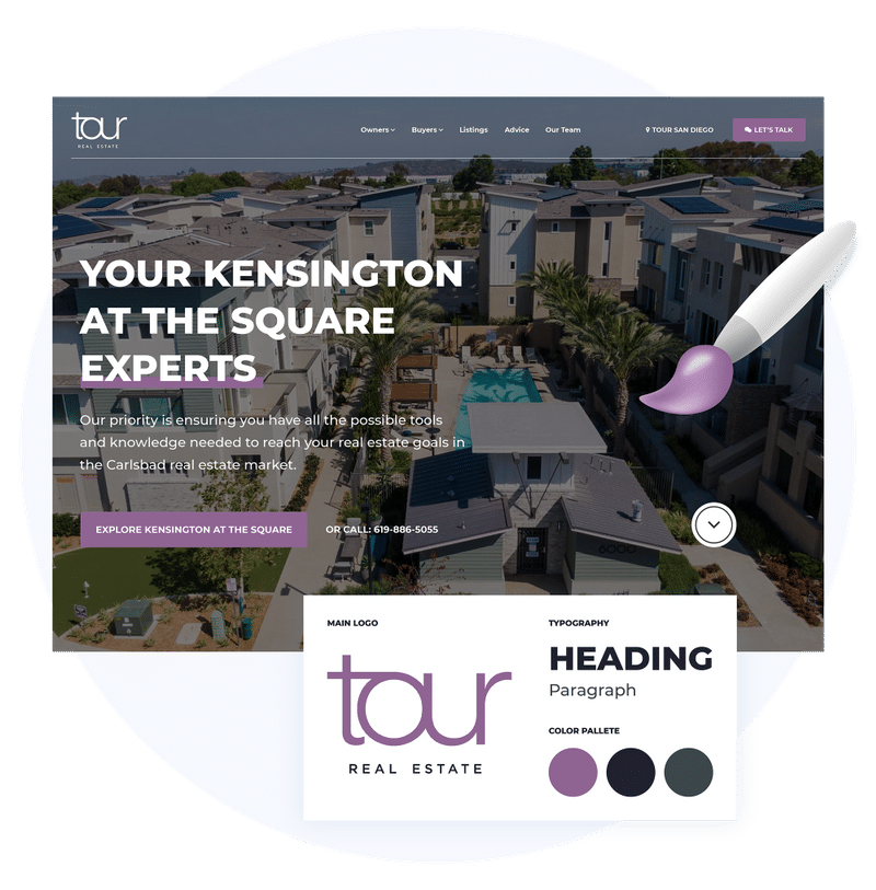 Website branded for tour real estate with purple, black, and grey. 