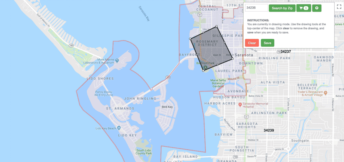 A map with a geotargeted around outlined in red, with a black outline around a small bayfront neighborhood