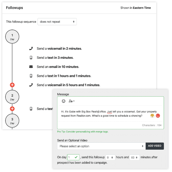 Followups dashboard. There is a timeline on the left and different touch points that are programed on day 1, including things like "send a text in 3 minutes," and "Send an email in 10 minutes." Each one of these messages can be easily edited on this page.