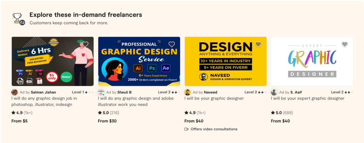 Screenshot of some in-demand freelancers for graphic design jobs