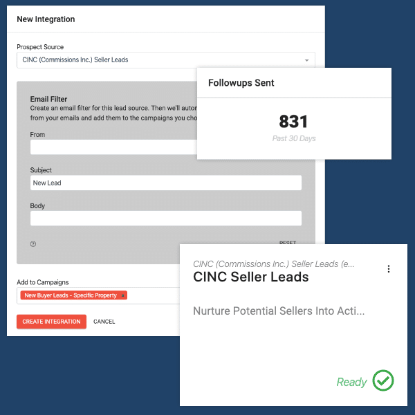 integrations page, showing the prospect source, email filters, the number of followups sent and the ability to add leads into a campaign.