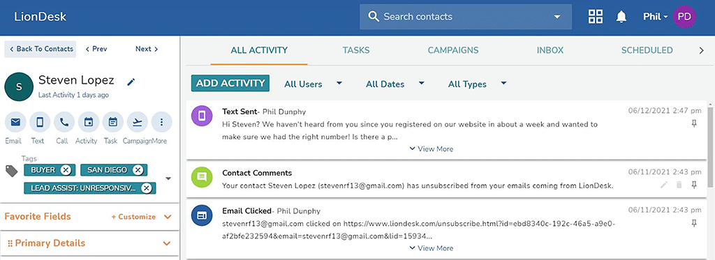 LionDesk contact all activity dashboard