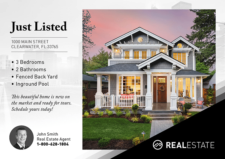 Just listed postcard template from PostcardMania featuring a house, house details, and real estate agent.