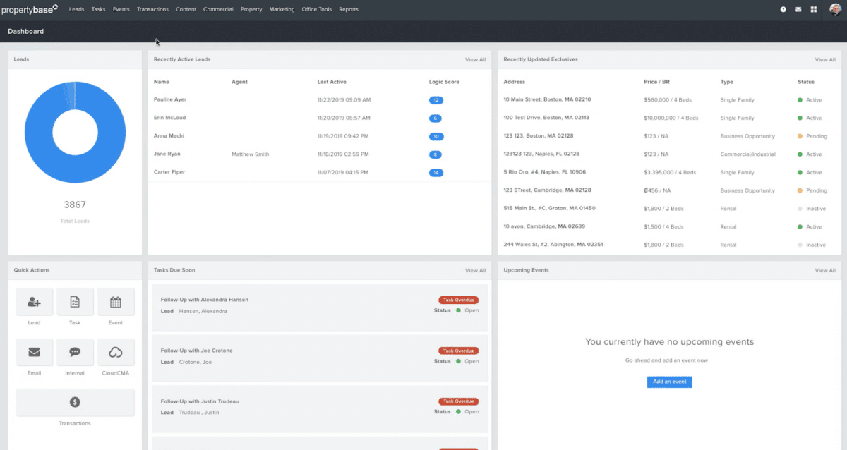 Screenshot of propertybase dashboard with charts and lead information