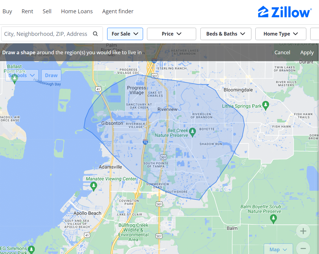 Map of Florida with a visitor-drawn circle around interested areas to search for houses.