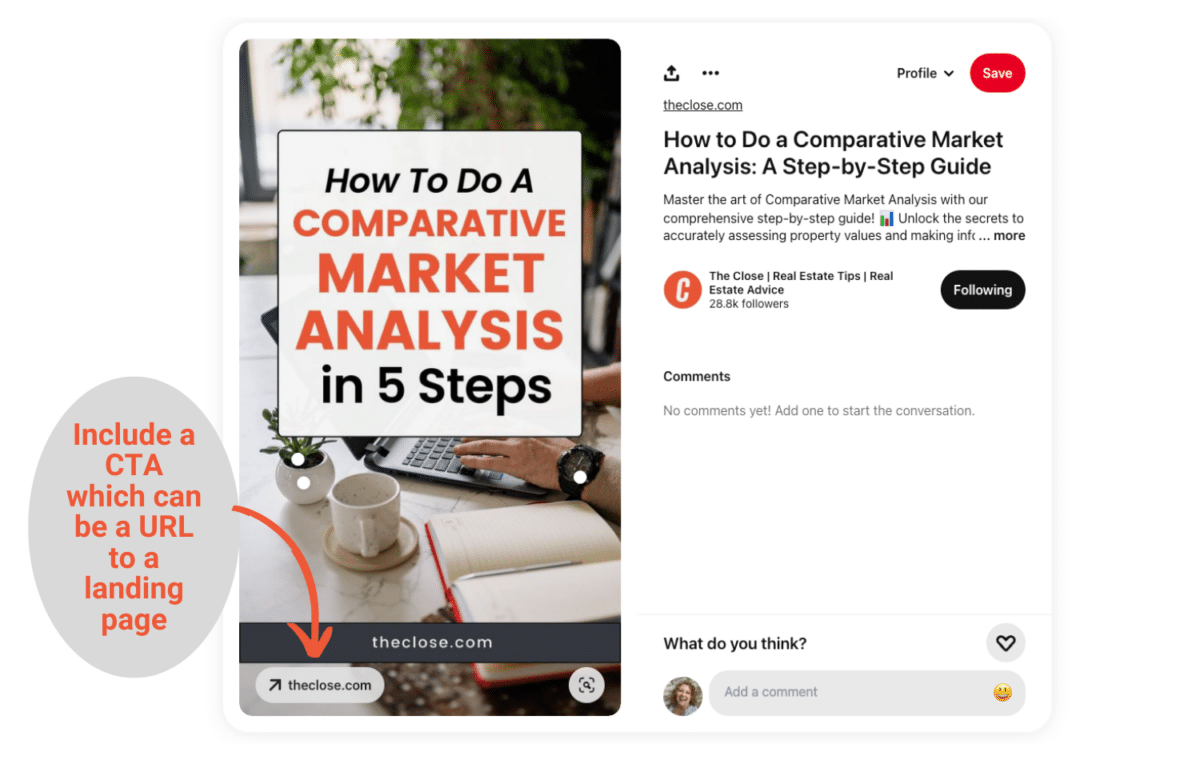 Example of a call to action built into a Pin on Pinterest from The Close