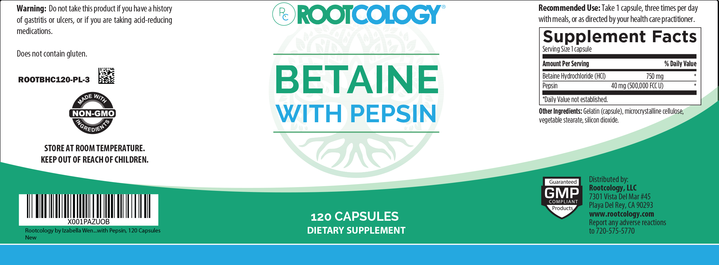 Rootcology Betaine with Pepsin Supplement Label