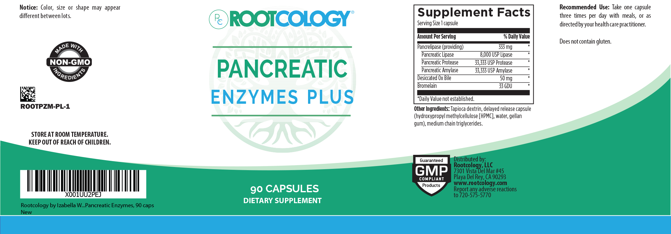 Rootcology Pancreatic Enzymes Plus Supplement Label
