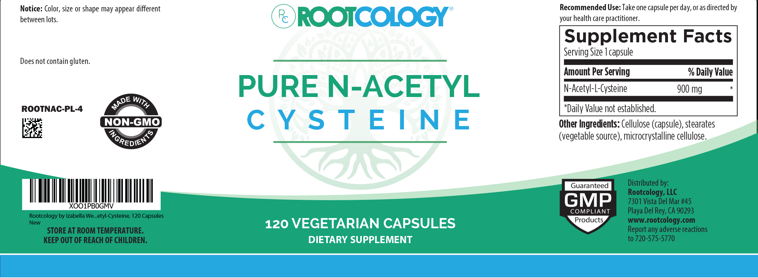 Rootcology Pure N-acetyl Cysteine Supplement Label
