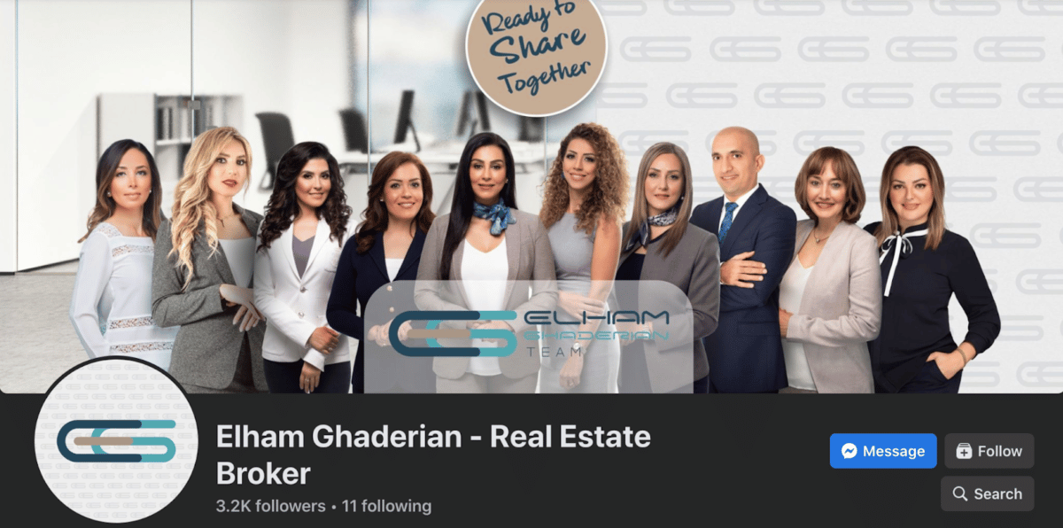 Elham Ghaderian Real Estate Broker poses with her entire team for her Facebook cover image