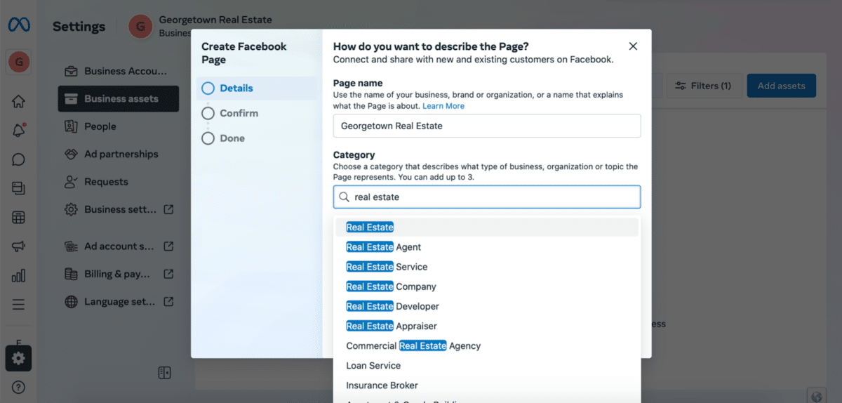 screenshot showing how to set the category for a real estate Facebook page.