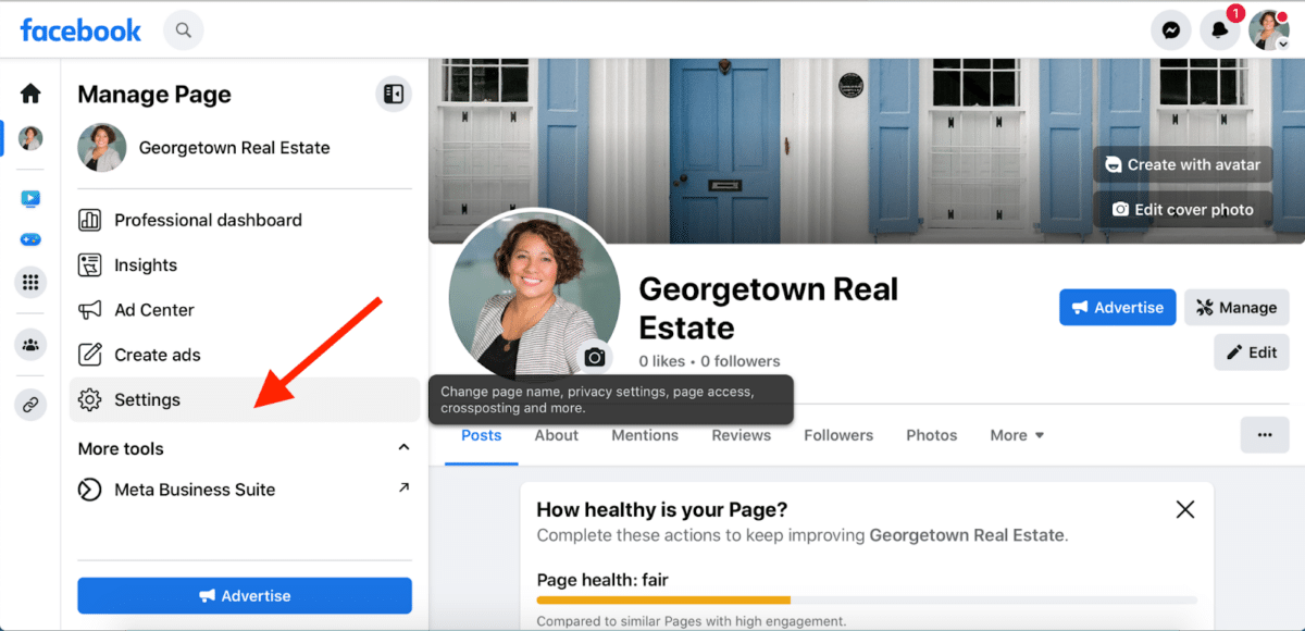 screenshot showing how to use your settings on a real estate Facebook page.