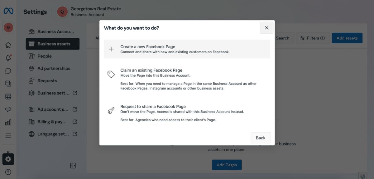 screenshot showing how to set up a real estate Facebook page in Meta Business Suite.