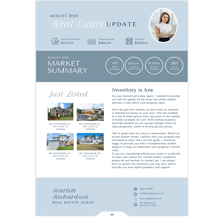 real estate brochure with market stats and updates.