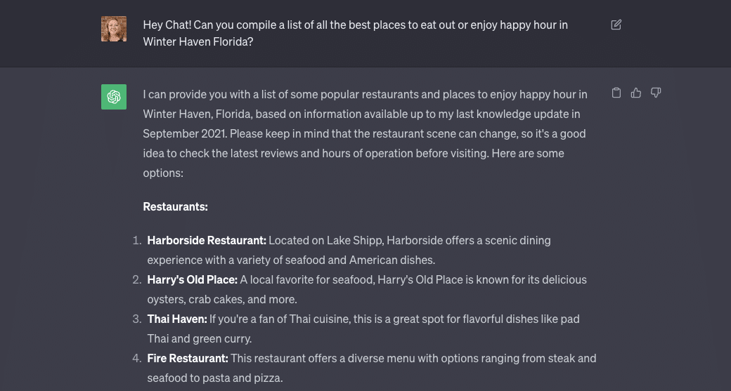 Screenshot of my ChatGPT prompt asking Chat to compile a list of the best places to eat or enjoy happy hour in Winter Haven, FL.