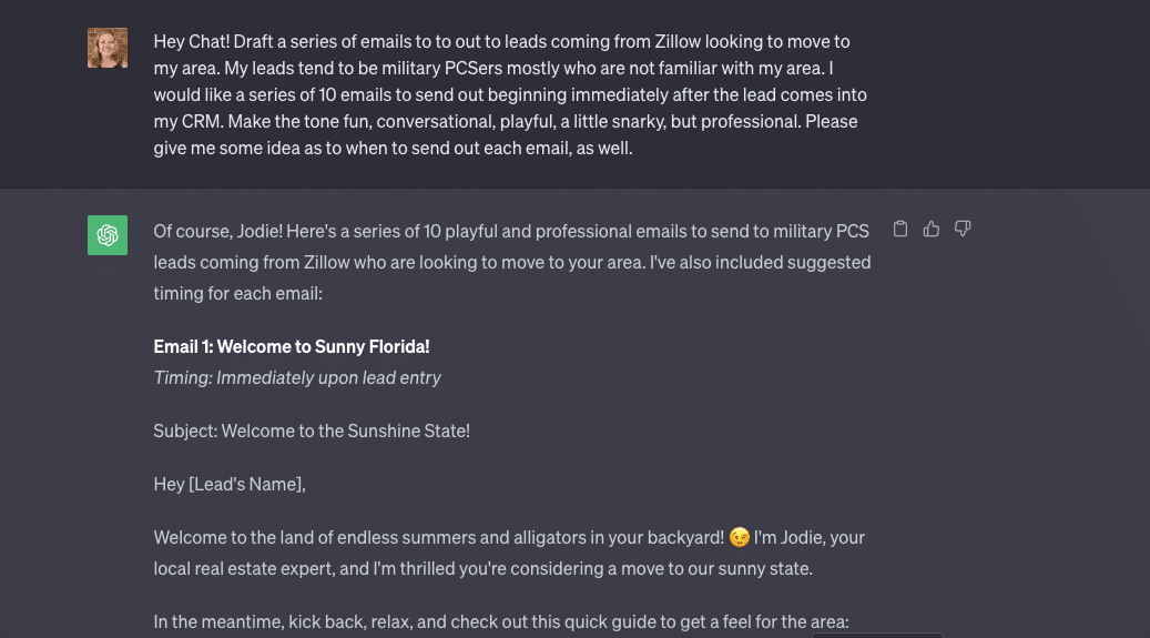 Screenshot of my ChatGPT prompt asking Chat to draft an email series for leads coming from Zillow looking to move to my area.