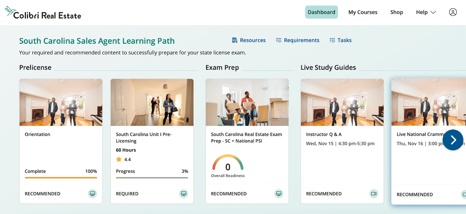 screenshot of the Colibri user interface dashboard.