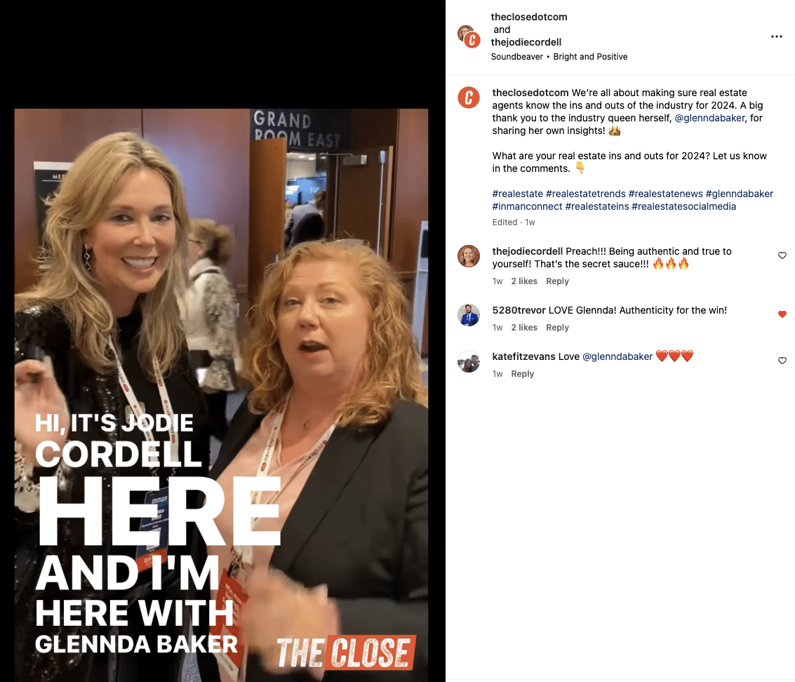 A screenshot of Jodie with Glennda Baker at Inman Connect.