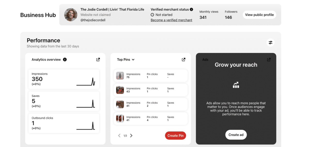 Screenshot of the analytics dashboard in Pinterest business hub