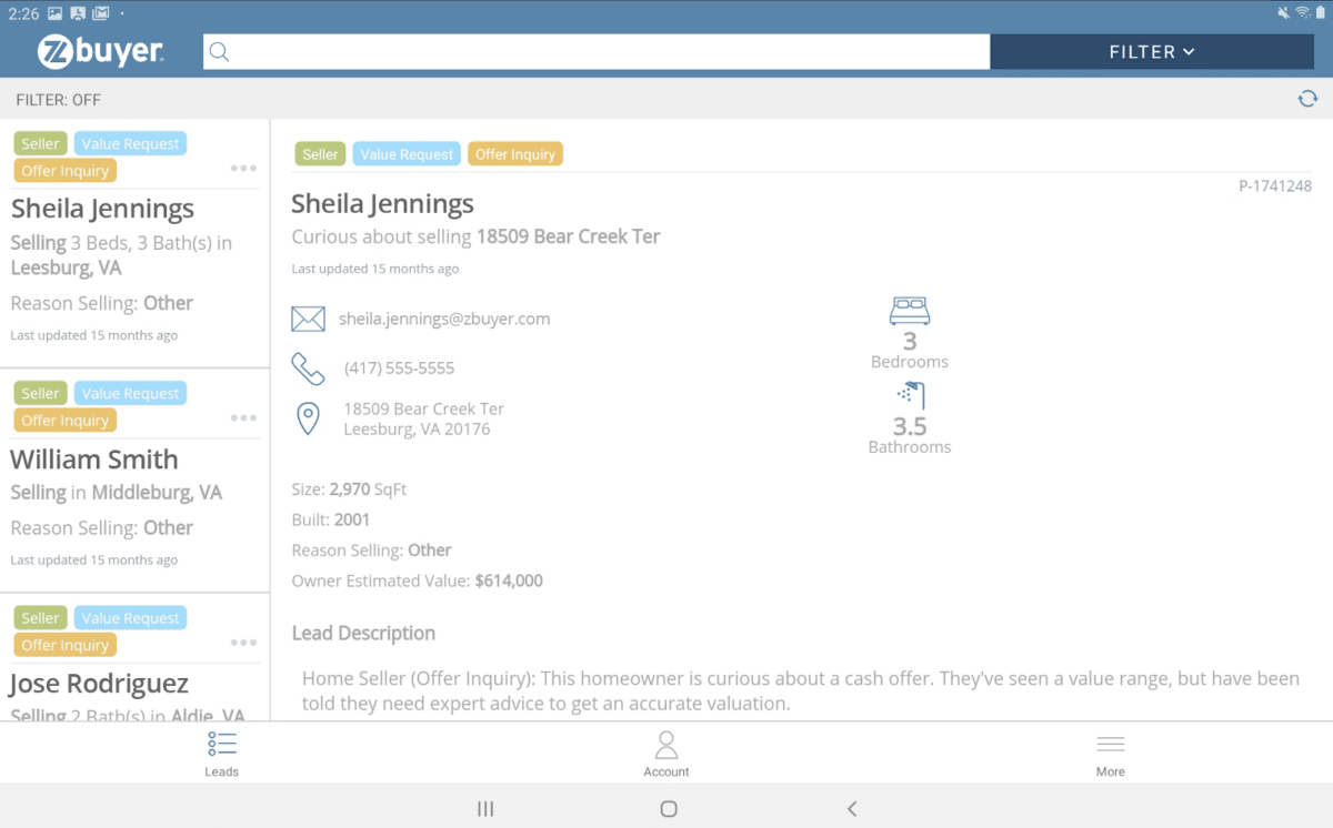 a screenshot from a zBuyer agent's captured leads page showing a list of leads with additional details.