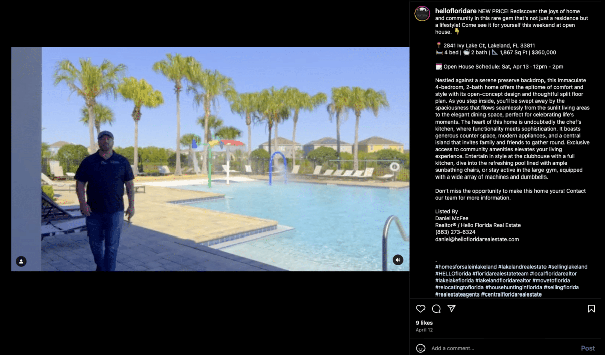 Screenshot of an Instagram Reel of an agent talking about the community where he's hosting an open house the following weekend.