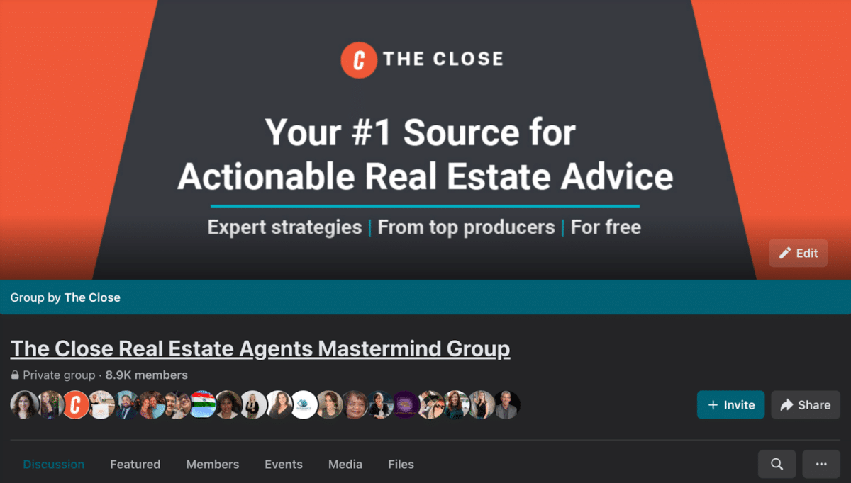 Screenshot of the Facebook cover of The Close Real Estate Agents Mastermind Group with "Your #1 Source for Actionable Real Estate Advice" across the top