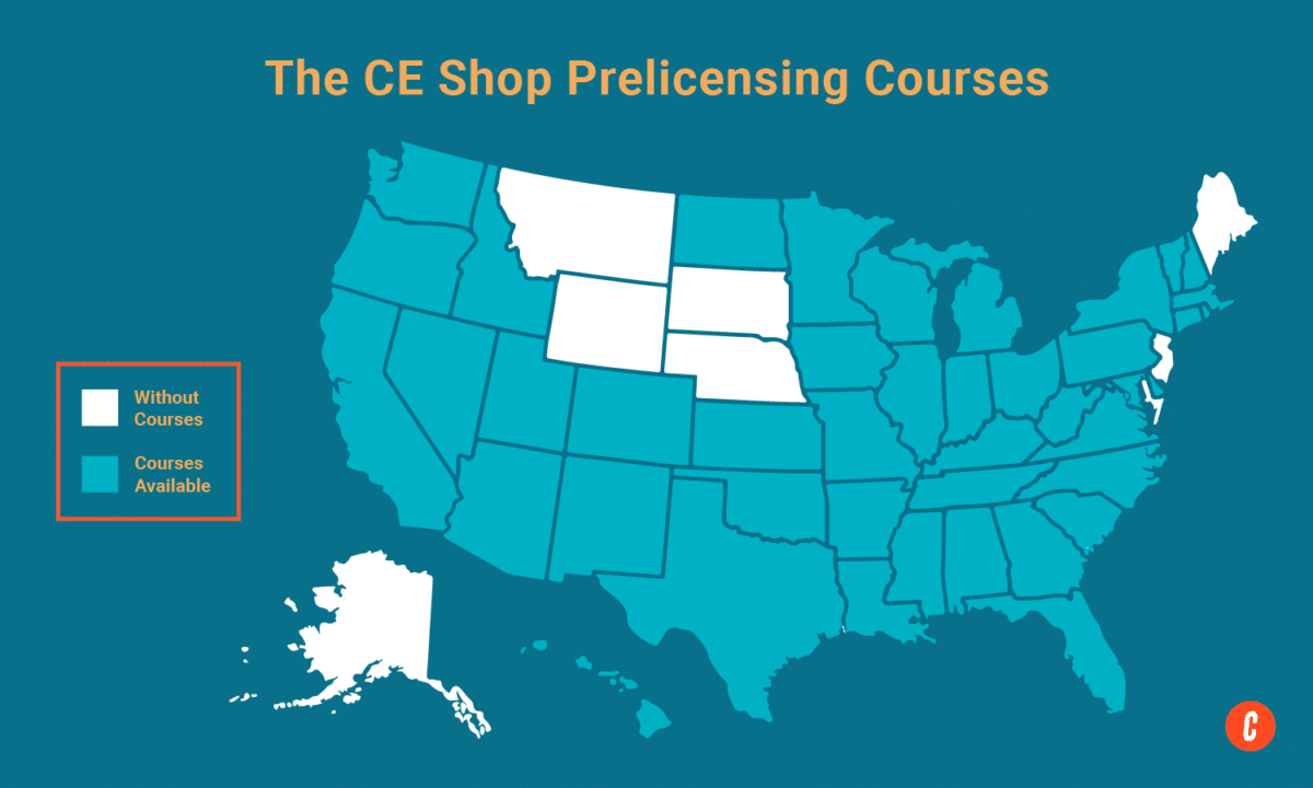 A U.S. map with states where The CE Shop's available prelicensing courses are shaded