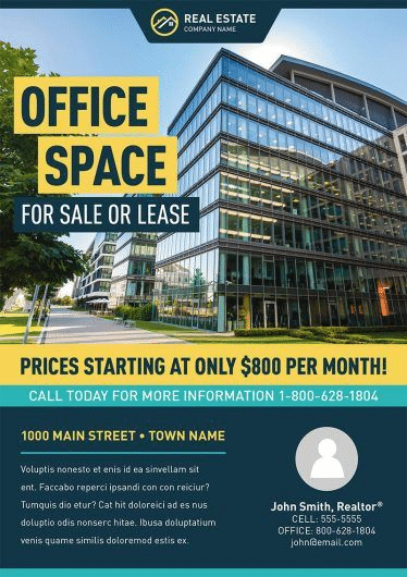 Flyer with an image of an available office building for lease and agent contact details.