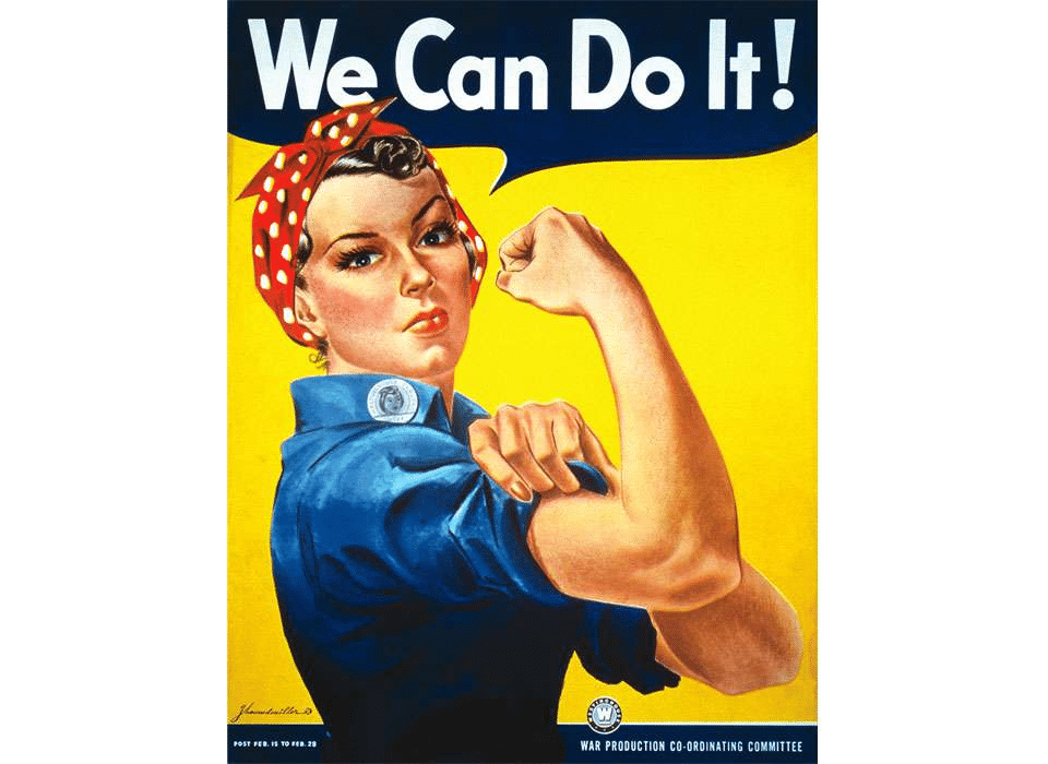 Woman making a muscle saying "We can do it!"