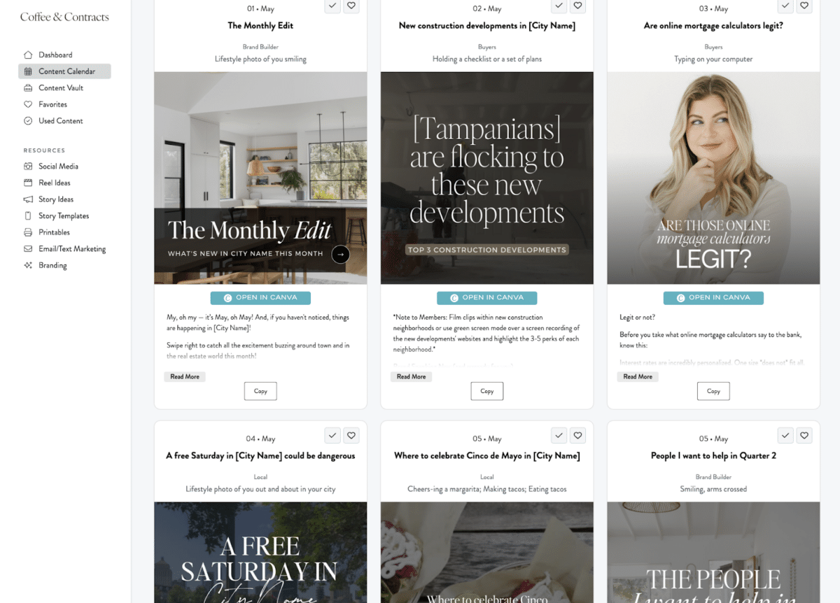 Screenshot of the dashboard of Coffee & Contracts with the content calendar clicked and several post templates for the current month displayed.