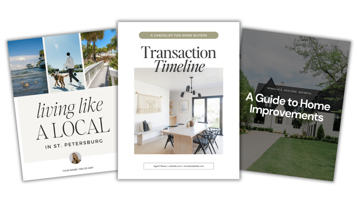 Three examples of printables, including living like a local, transaction timeline, and a guide to home improvements.