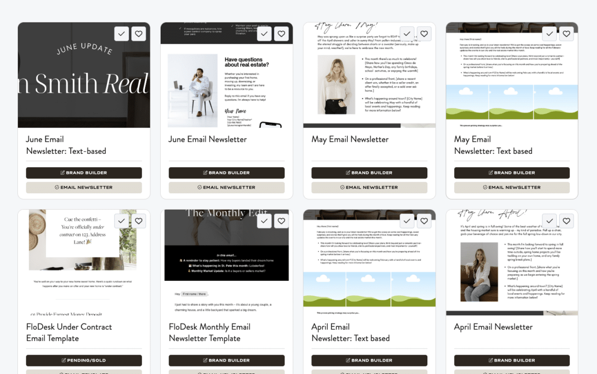 Screenshot of several email newsletter templates from the Coffee & Contracts dashboard.