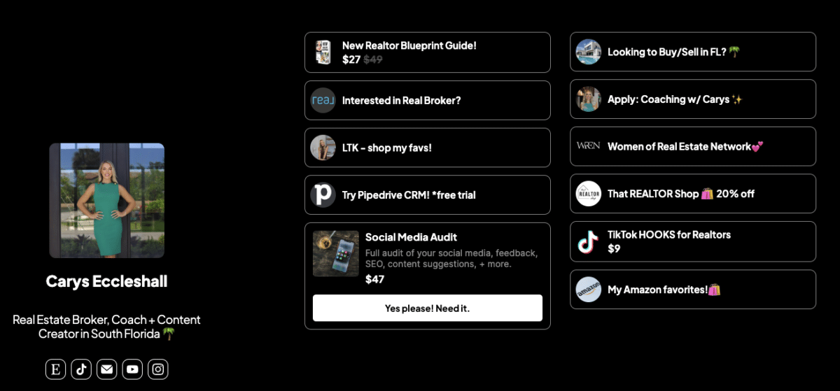 Screenshot of Carys Eccleshall's link page from TikTok with 11 different links, including a New Realtor Blueprint Guide, a link to learn more about REAL Broker, Looking to Buy/Sell in FL, Coaching information, and more.