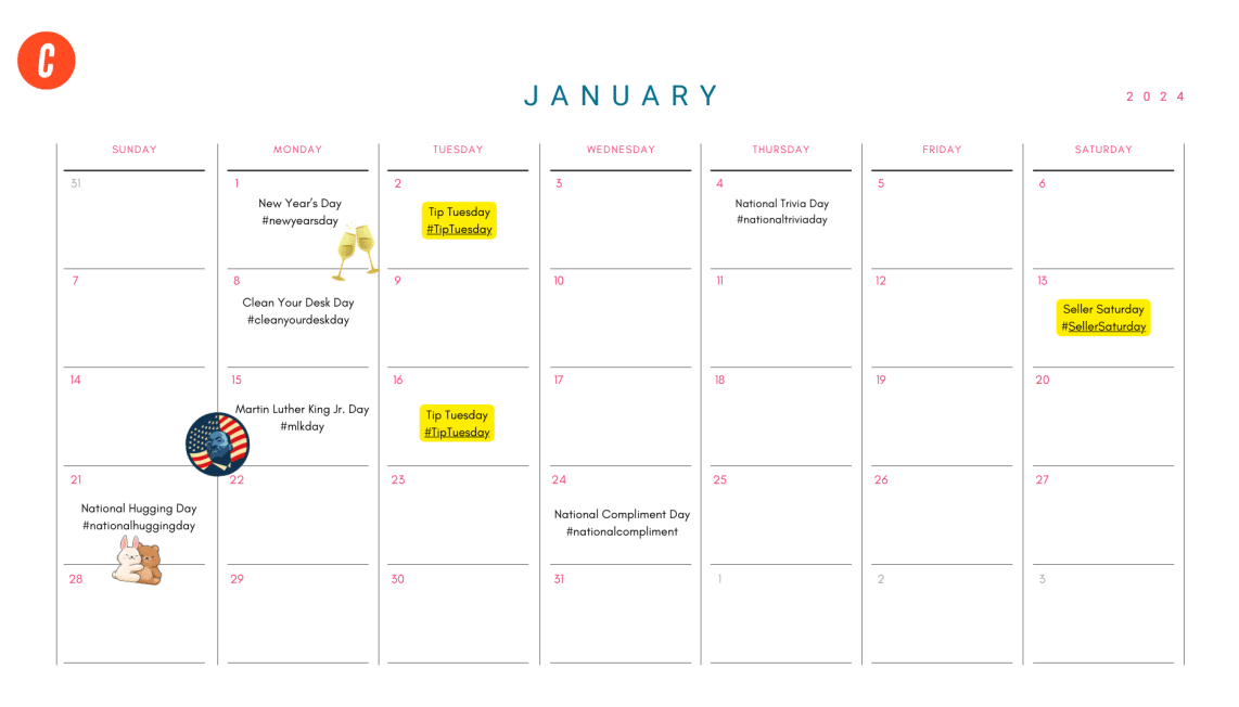 January calendar with example marketing content for real estate agents.